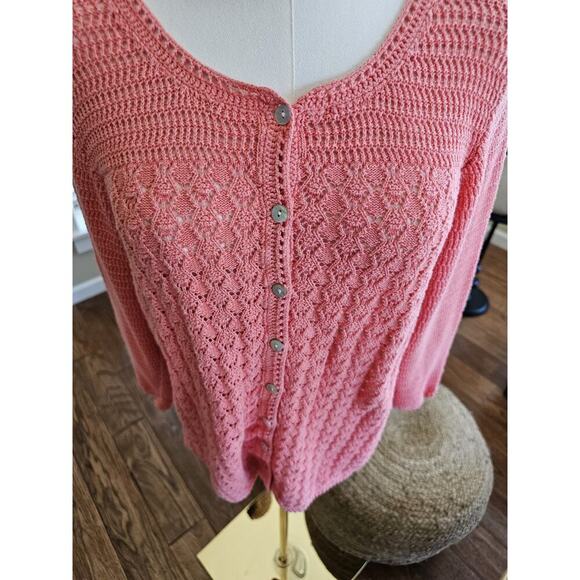 L.L Bean Linen Blend Basketweave Cardigan Sweater Women's Size L Coral - Picture 2 of 10